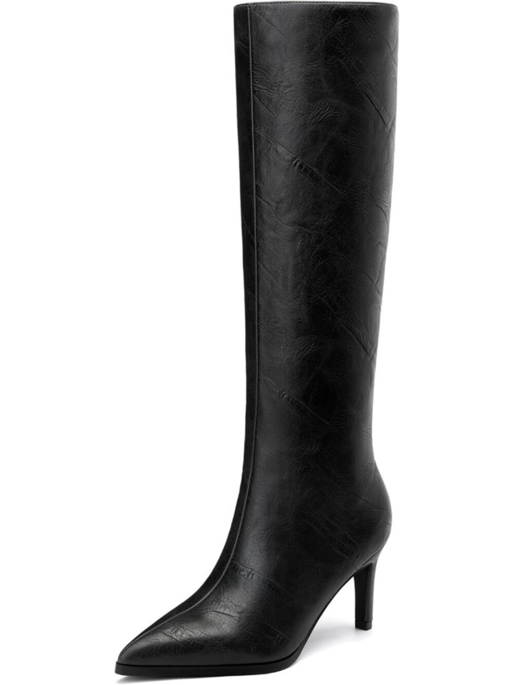 Women’s Knee High Boots Pointed Toe Low Kitten Heel Tall Boots Black